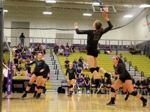 A Timber Creek Varsity Volleyball player leaps for the ball during the Sept. 1, 2015 home game against Weatherford. (Photo by Talon reporter Hannah Dykes.)